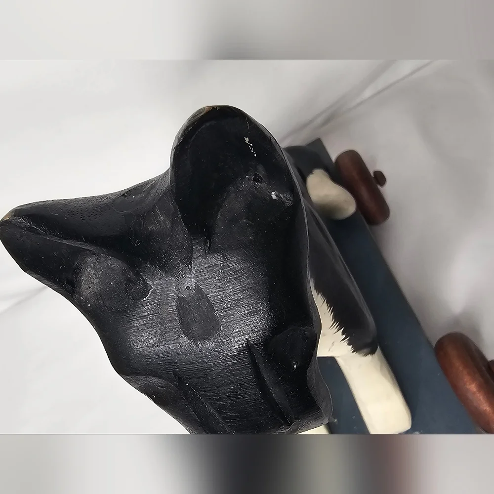 Vintage Hand Painted Wooden Tuxedo Cat Pull Toy Figurine on Wheels